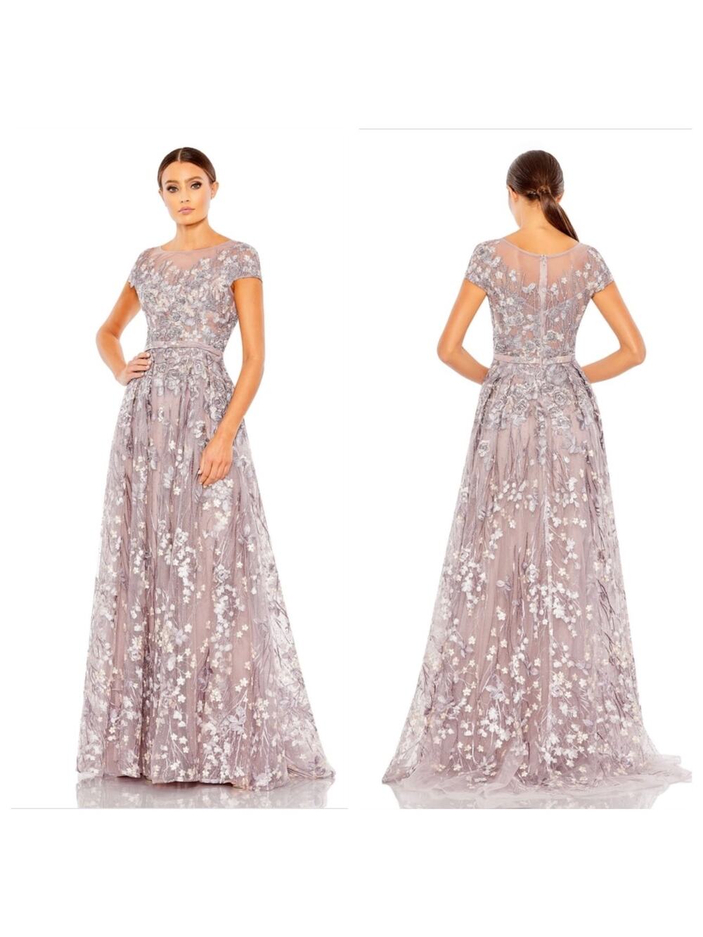 Mac Duggal Lilac Floral Embroidered A-Line Gown | Illusion Neckline Formal Dress